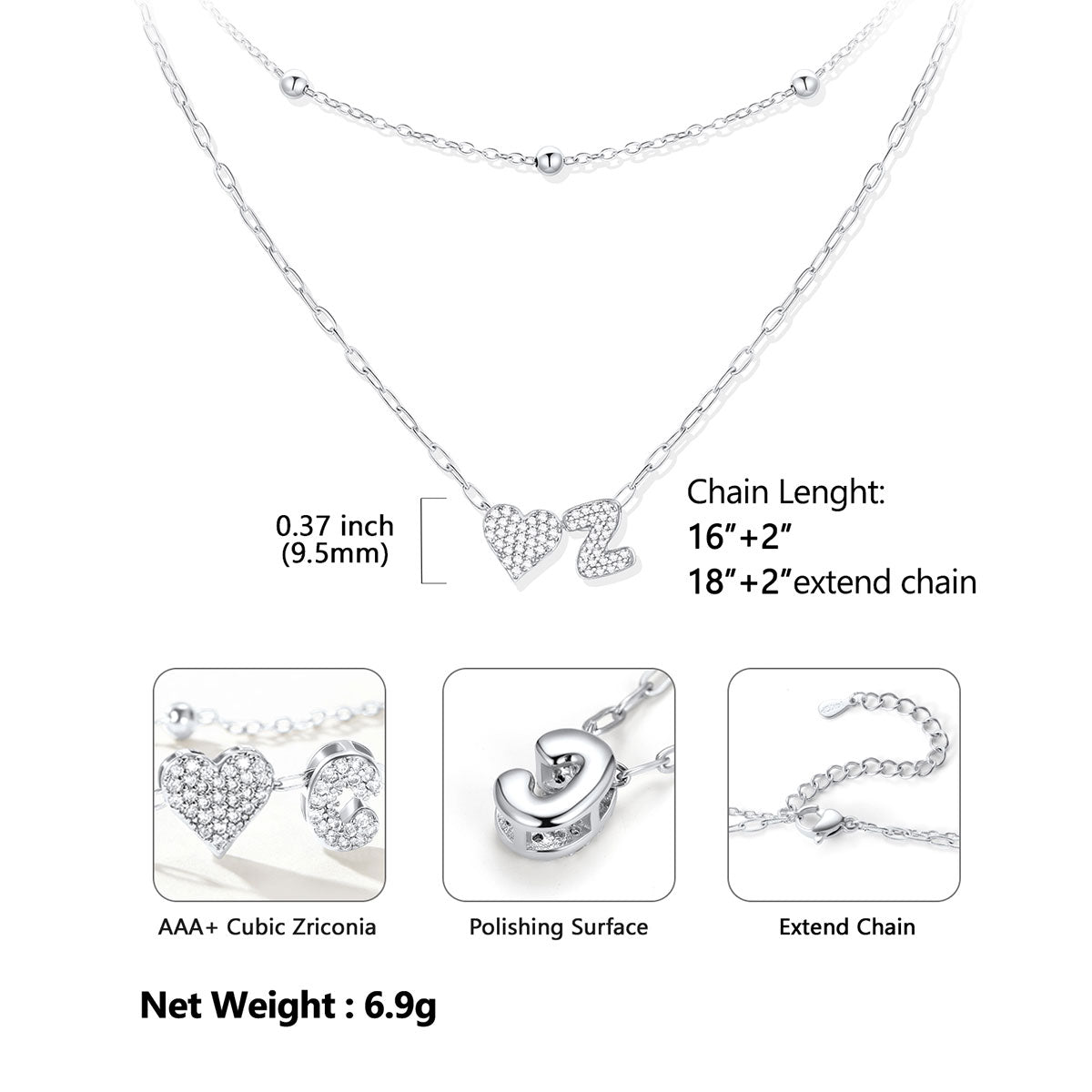 Silver cz initial necklace with cubic zirconia details on a white background