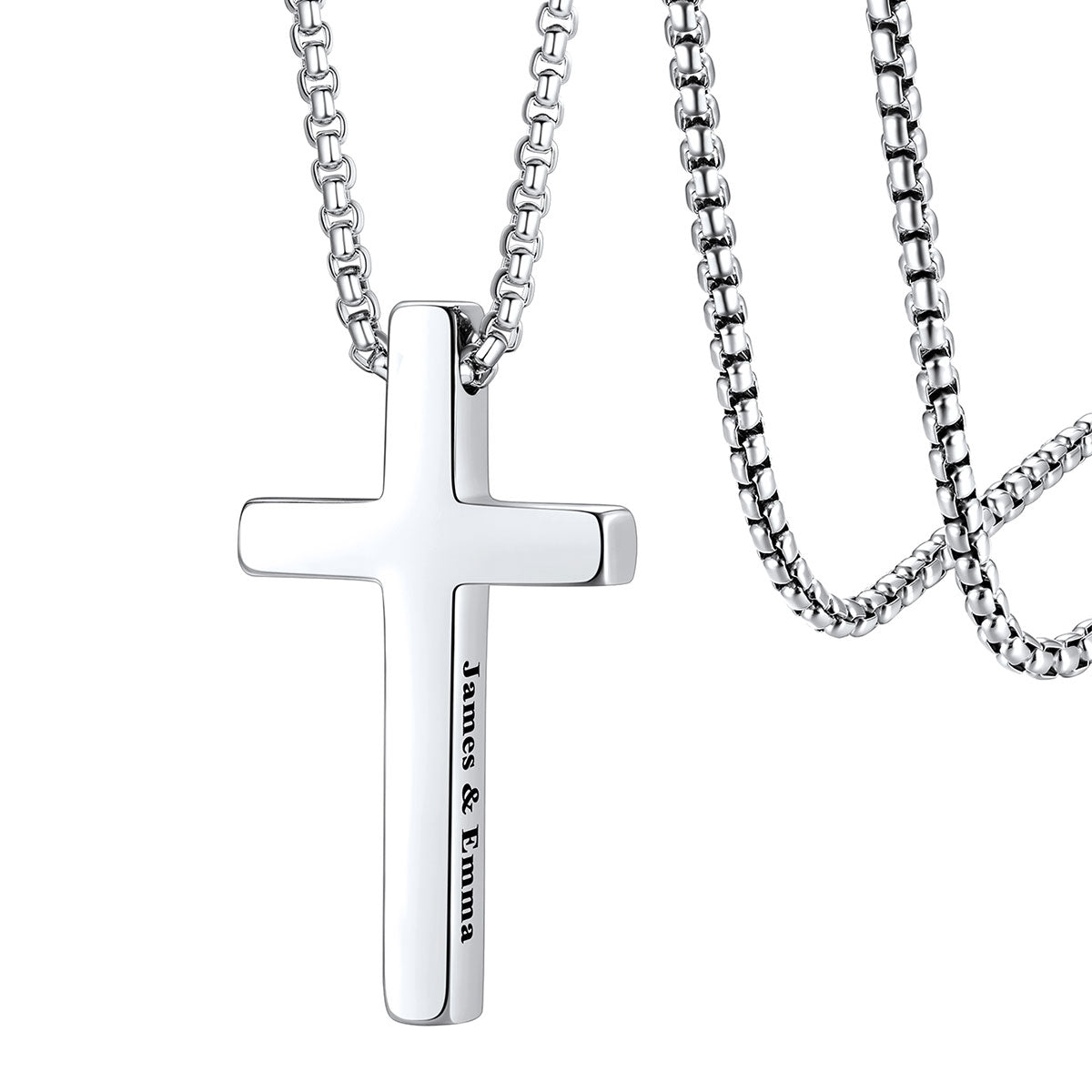 Silver engravable cross necklace with engraved text on a white background