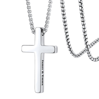 Silver engravable cross necklace with engraved text on a white background