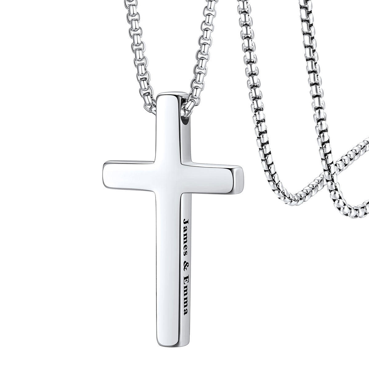 Silver engraved cross necklace with 'James & Emma' engraving on a white background