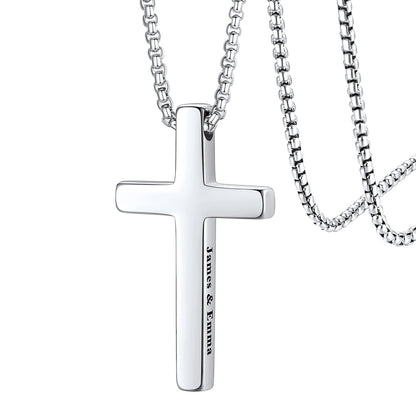 Silver engraved cross necklace with 'James & Emma' engraving on a white background