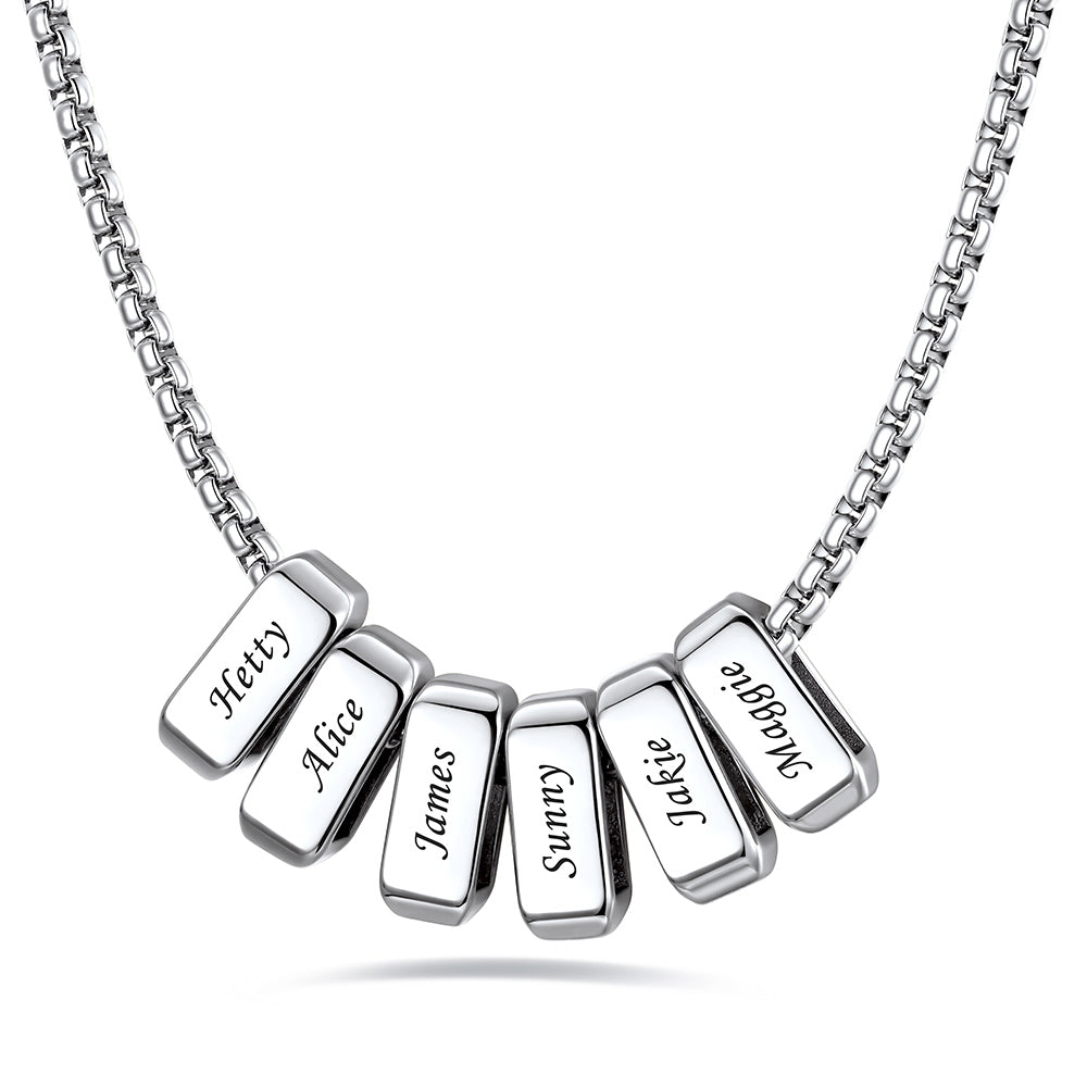 Silver engraved name necklace with 6 name bars on a white background