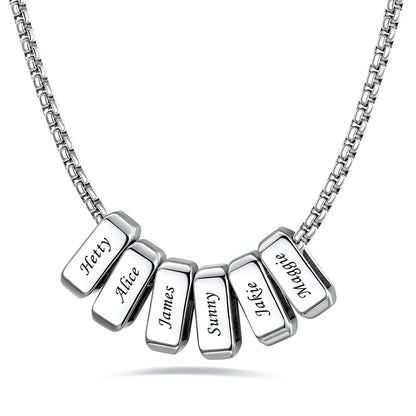 Silver engraved name necklace with 6 name bars on a white background