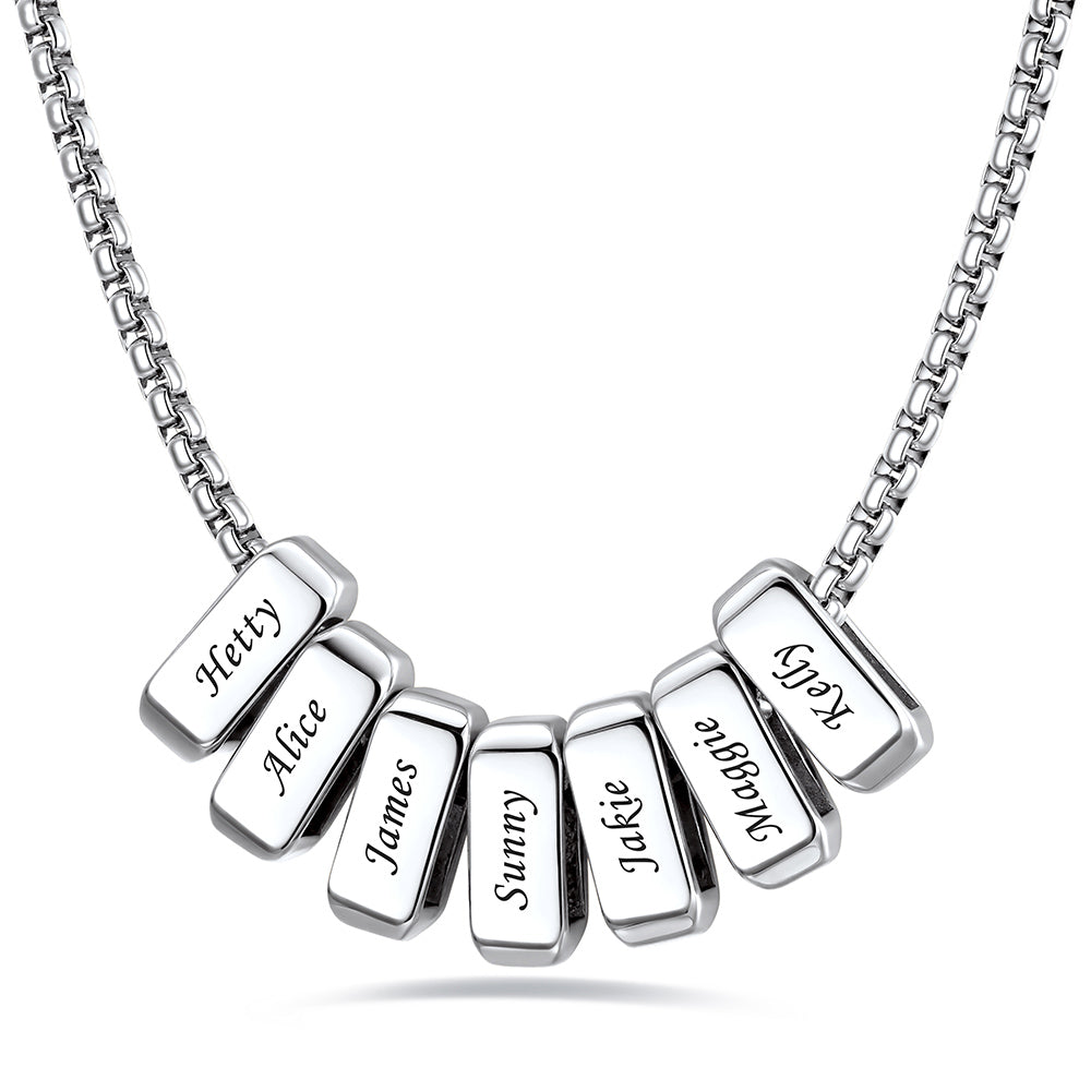 Silver engraved name necklace with 7 name bars on a white background