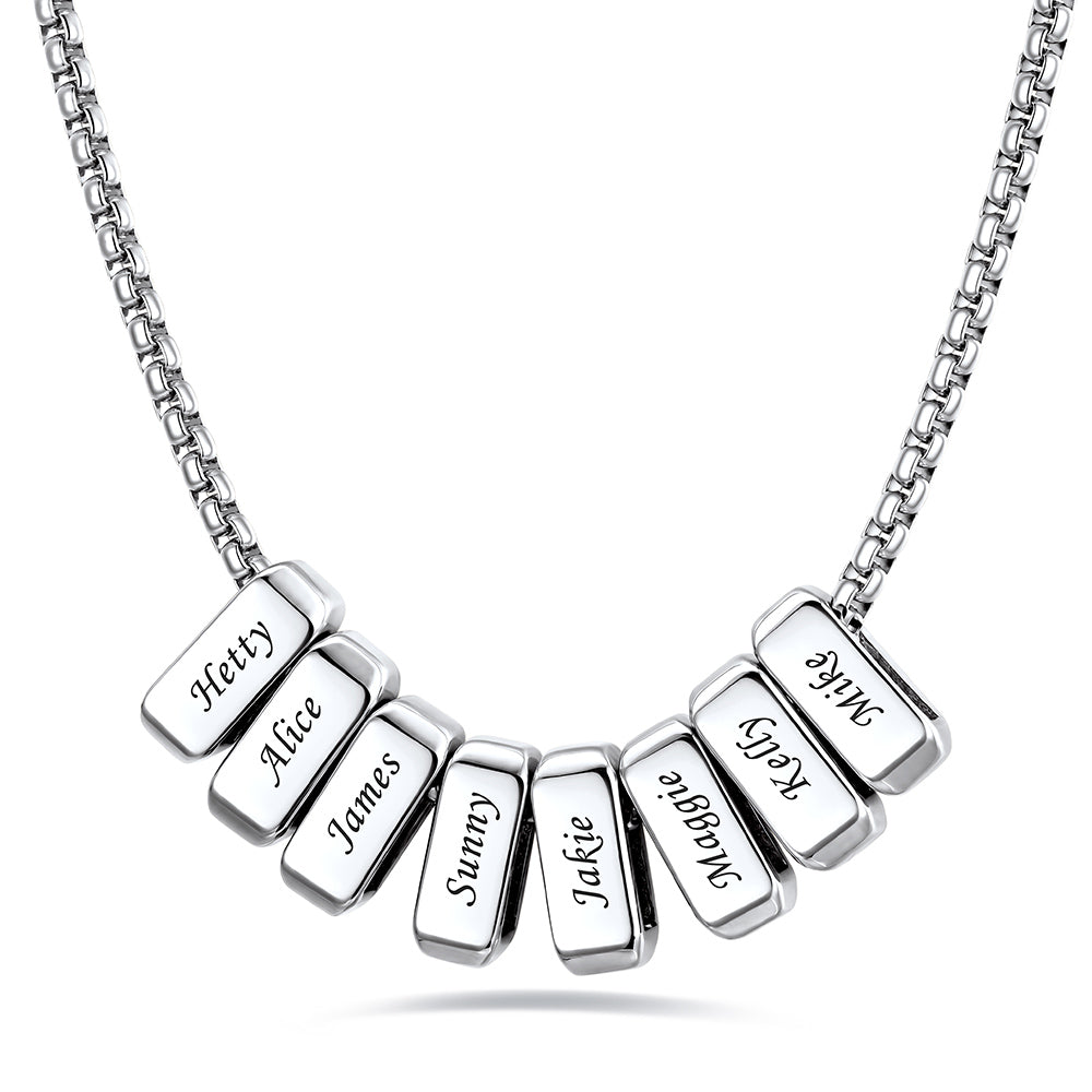 Silver engraved name necklace with 8 name bars on a white background