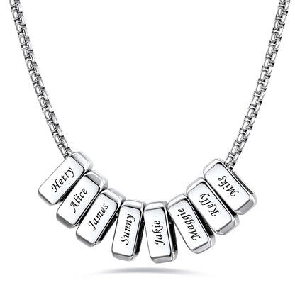 Silver engraved name necklace with 8 name bars on a white background