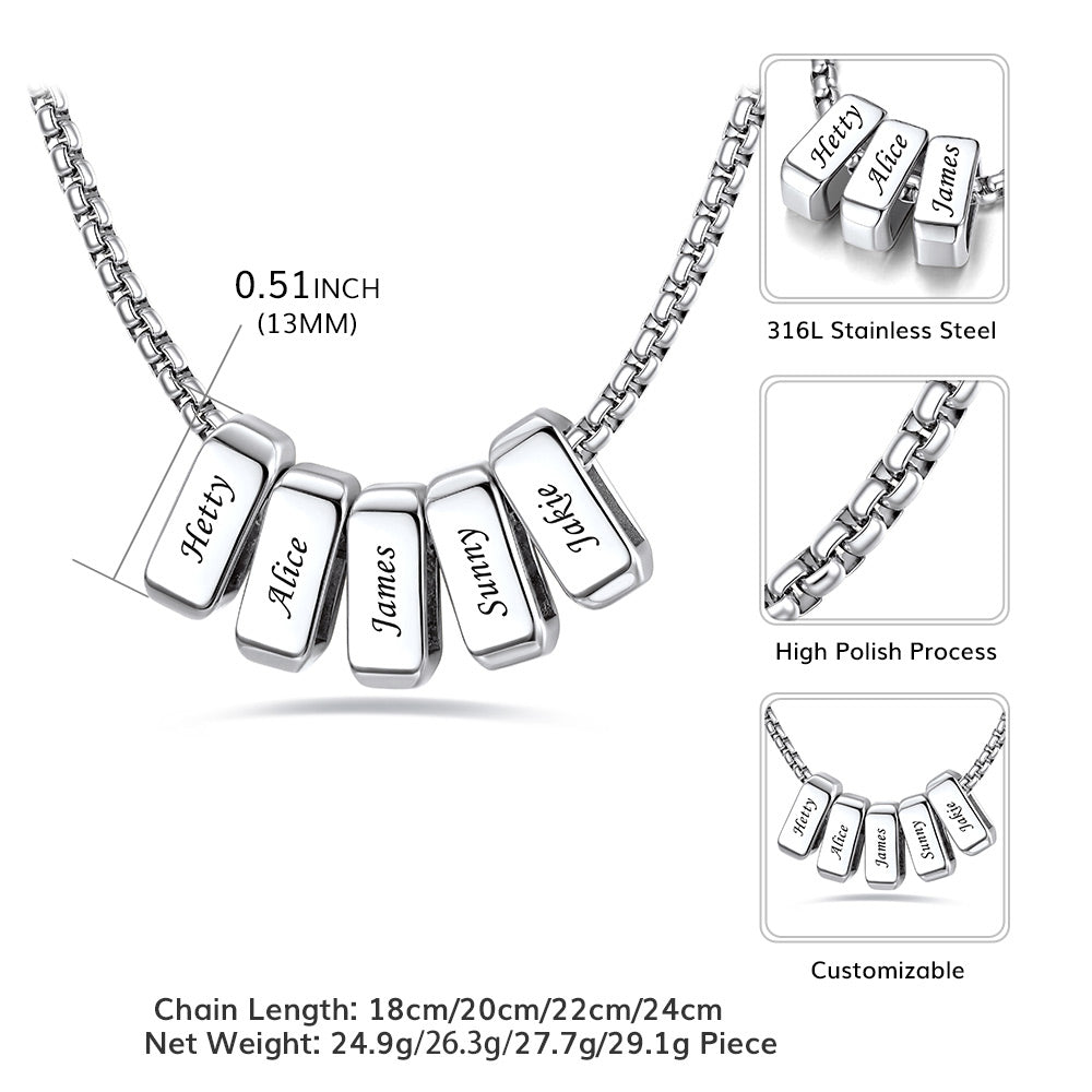 Silver engraved name necklace with engraved name tags on a white background