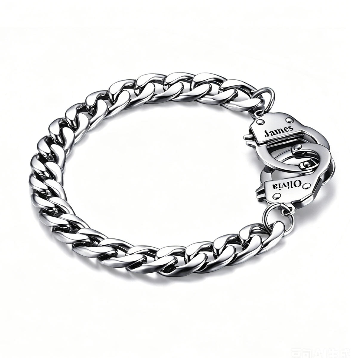 Silver handcuff chain bracelet with a clasp on a white background