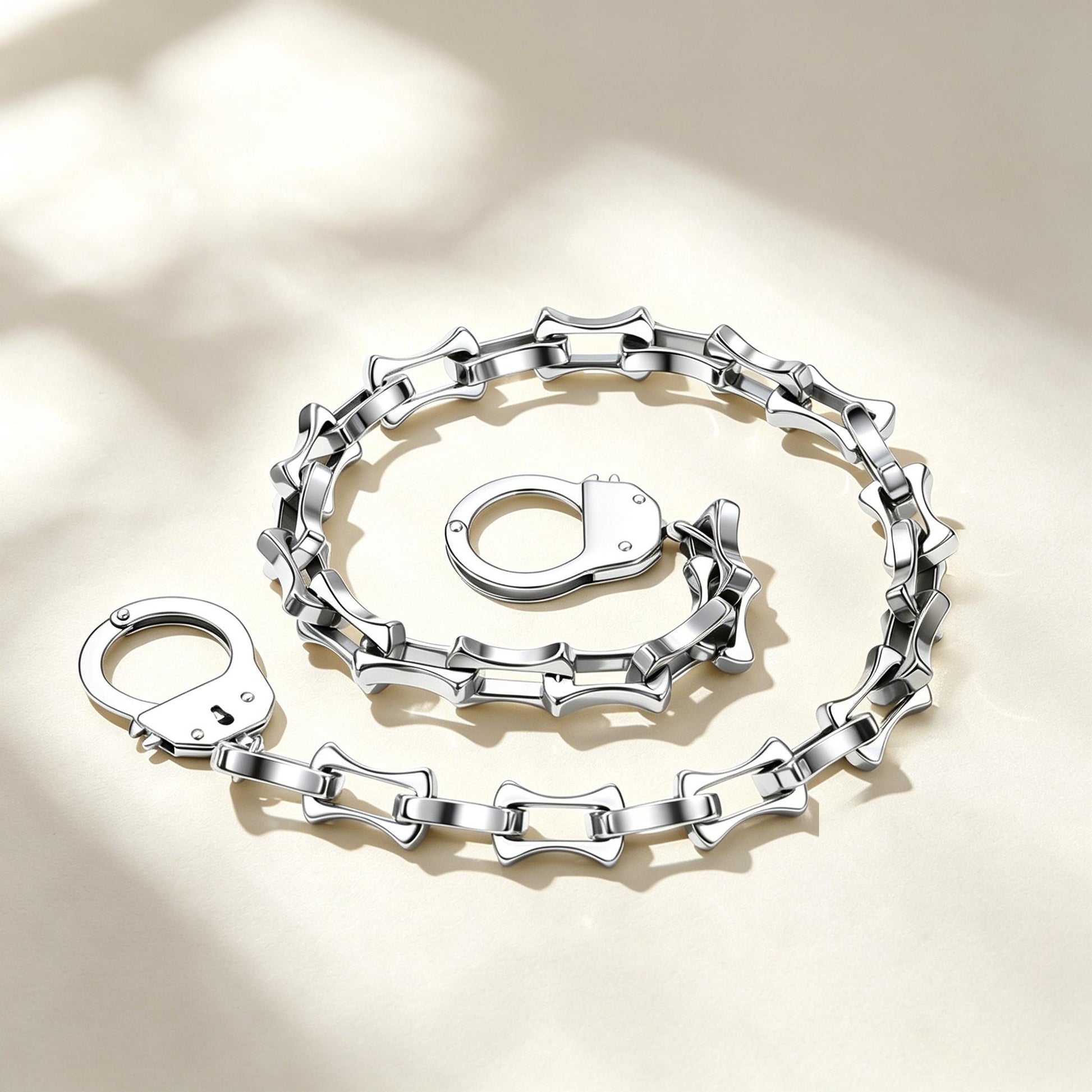 Silver handcuffs bamboo chain necklace engraved names on a beige background