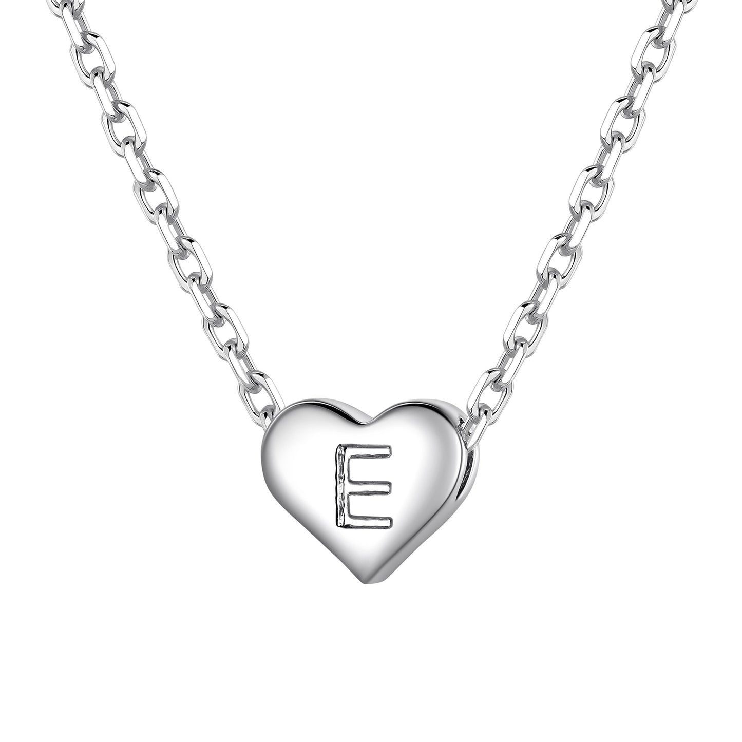 Silver heart initial necklace with an initial 'E' on a white background