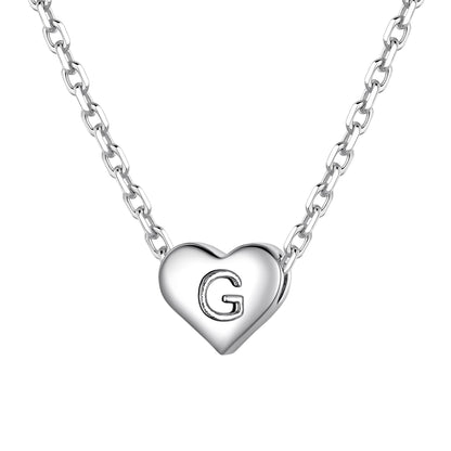 Silver heart initial necklace with an initial 'G' on a white background