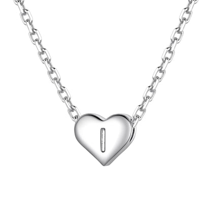 Silver heart initial necklace with an initial 'I' on a white background