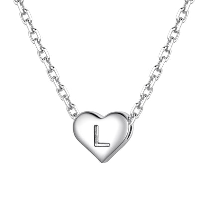 Silver heart initial necklace with an initial 'L' on a white background