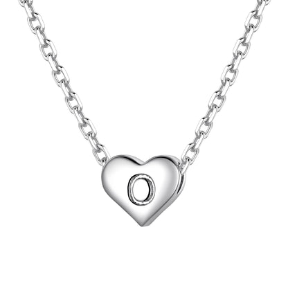 Silver heart initial necklace with an initial 'O' on a white background