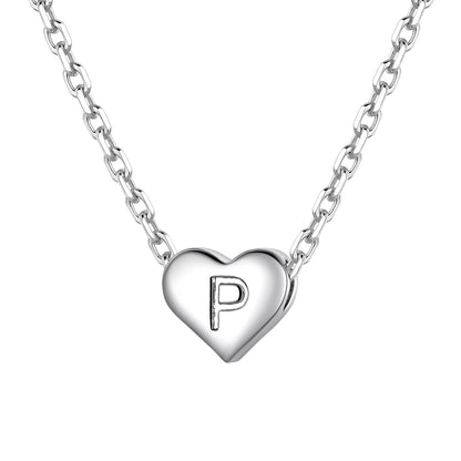 Silver heart initial necklace with an initial 'P' on a white background