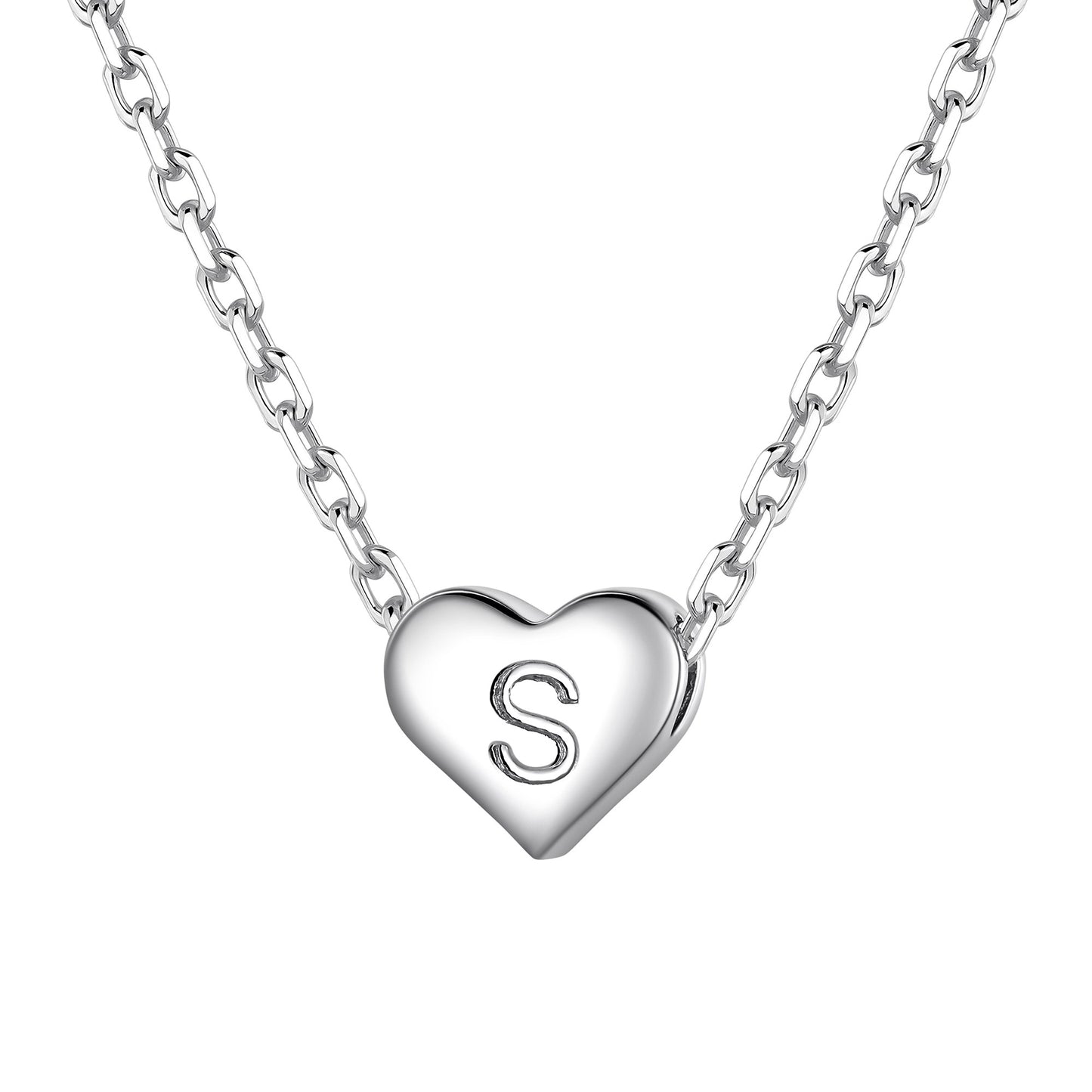 Silver heart initial necklace with an initial 'S' on a white background