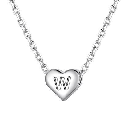 Silver heart initial necklace with an initial 'W' on a white background