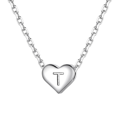 Silver heart initial necklace with an initial 't' on a white background