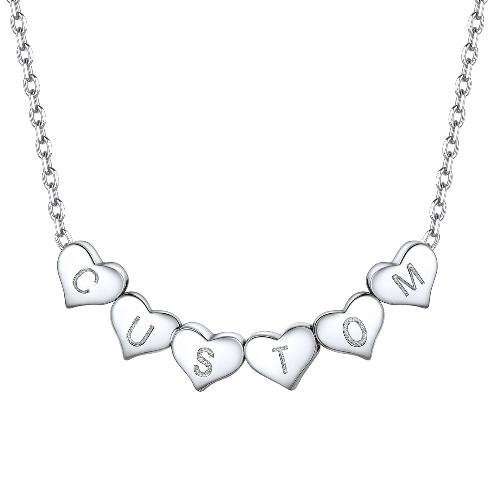 Silver heart initial necklace with heart-shaped charms spelling 'CUSTOM' on a white background