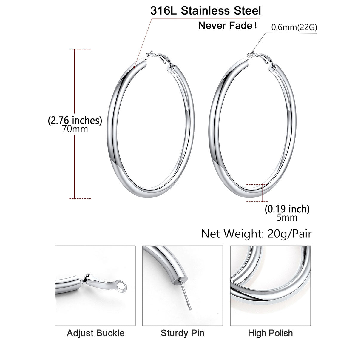 Silver hoop earrings with measurements and details on a white background