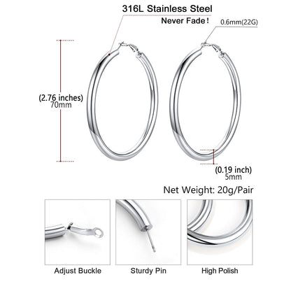 Silver hoop earrings with measurements and details on a white background