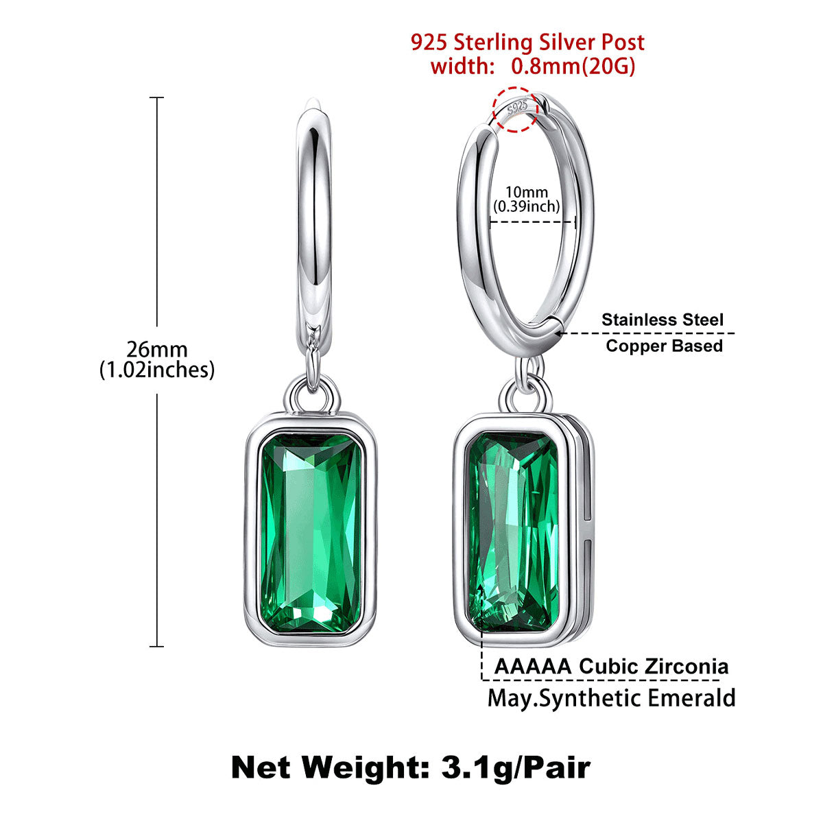 Silver huggie hoop birthstone earrings with rectangular green cubic zirconia stones, showing dimensions, weight, and material details on a white background.