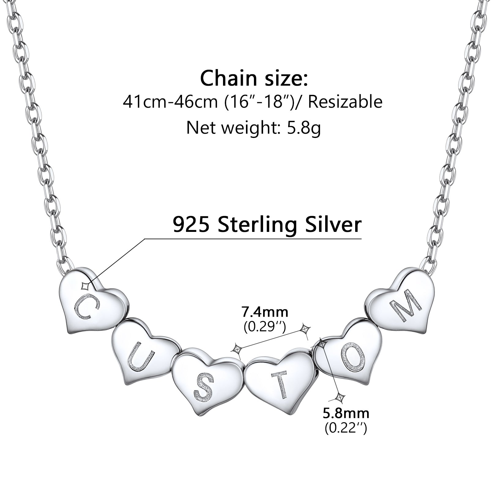 Silver initial heart charm necklace with heart-shaped pendants displaying letters, chain size, and material information on a white background.