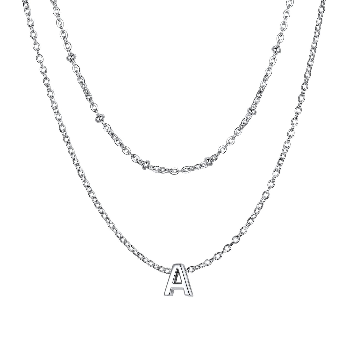 Silver initial necklace with a 'A' pendant on a white background