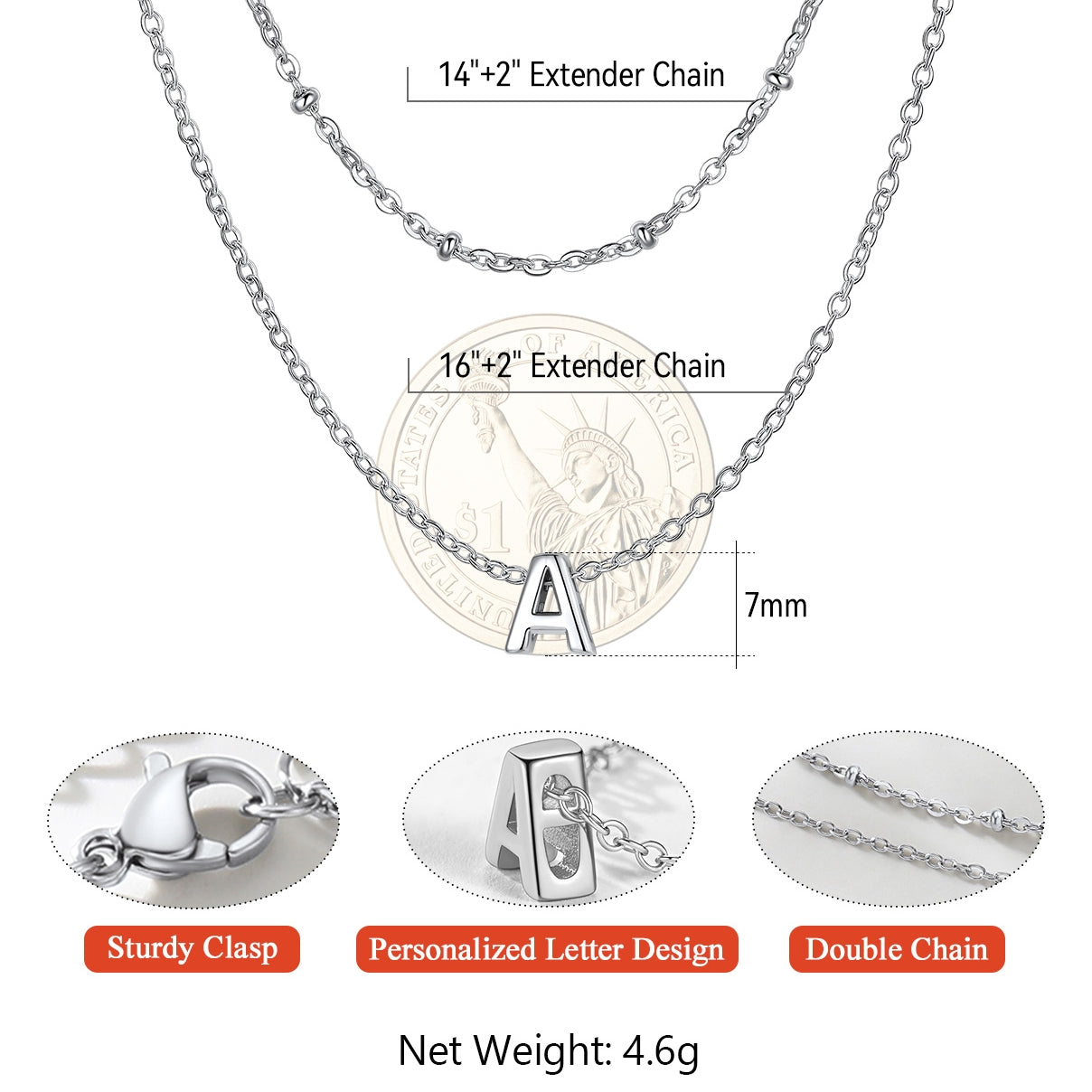Silver initial necklace with extender chain, personalized letter 'A', sturdier clasp, and double chain design on a white background.