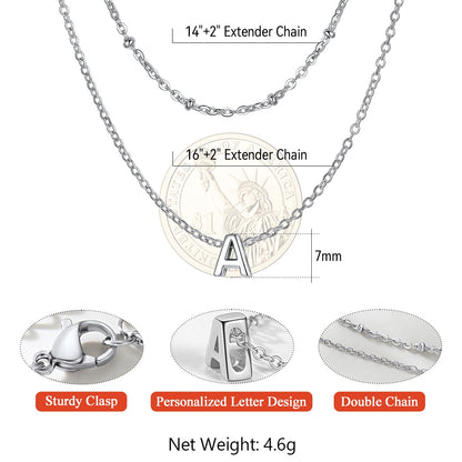 Silver initial necklace with extender chain, personalized letter 'A', sturdier clasp, and double chain design on a white background.