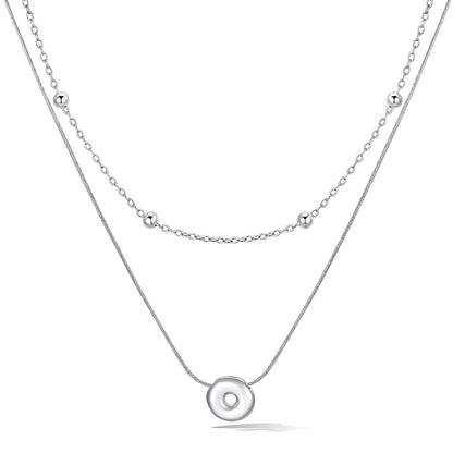 Silver layered initial O necklace, showing measurements and material details.