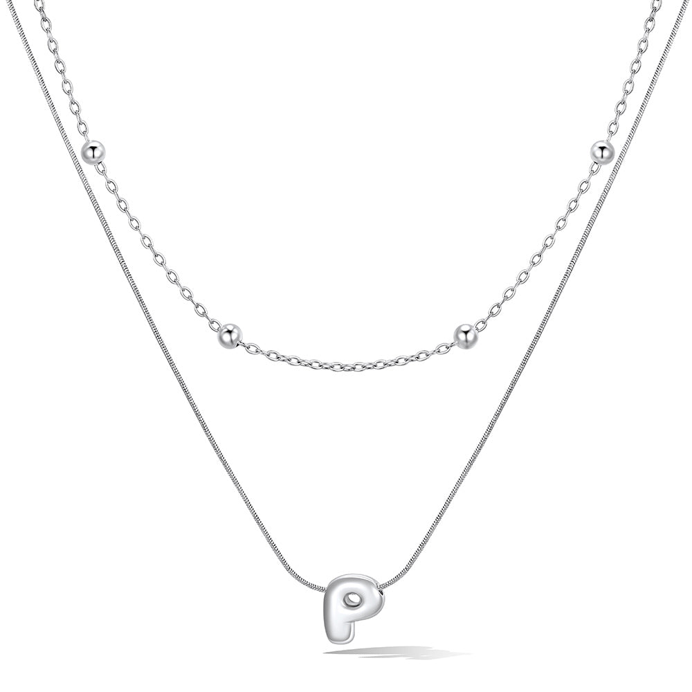 Silver layered initial P necklace, showing measurements and material details.