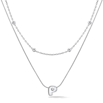Silver layered initial P necklace, showing measurements and material details.
