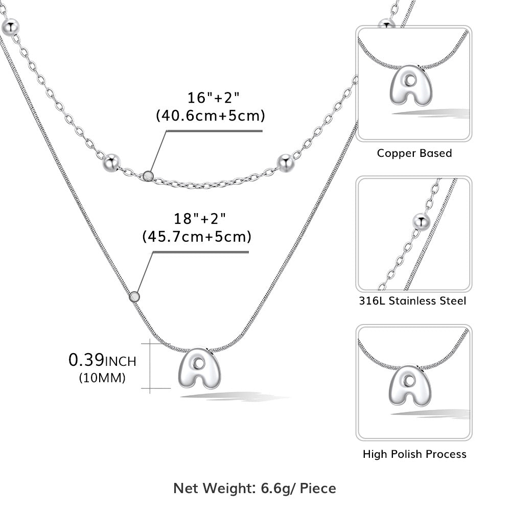 Silver layered initial necklace with letter 'A' pendant, showing measurements and material details.