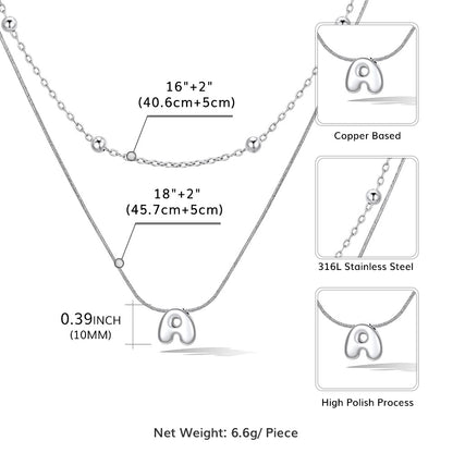Silver layered initial necklace with letter 'A' pendant, showing measurements and material details.