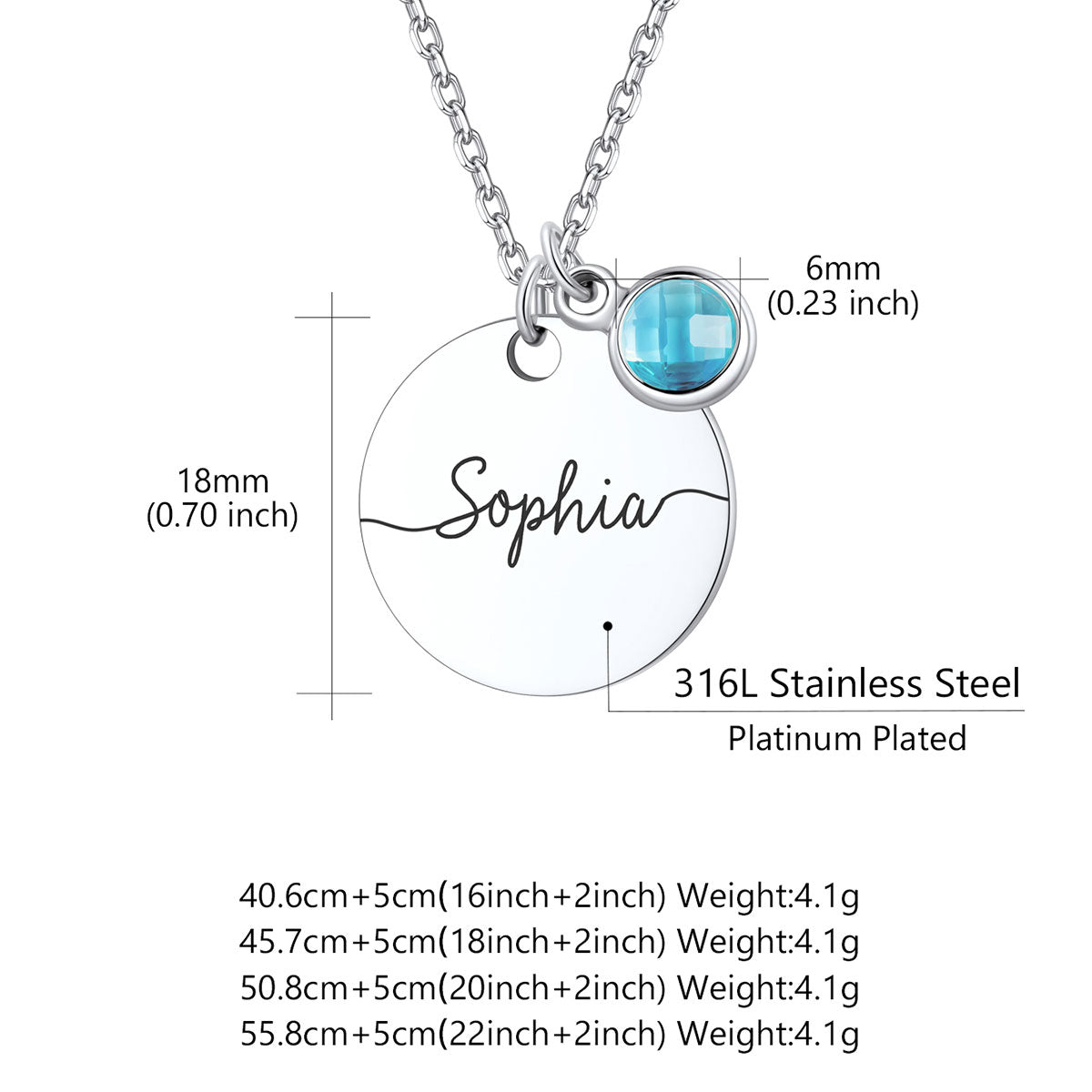 Silver necklace with a round engraved disc pendant reading 'Sophia' and a small faceted blue bead charm, shown with dimension labels and weight text on a white background.