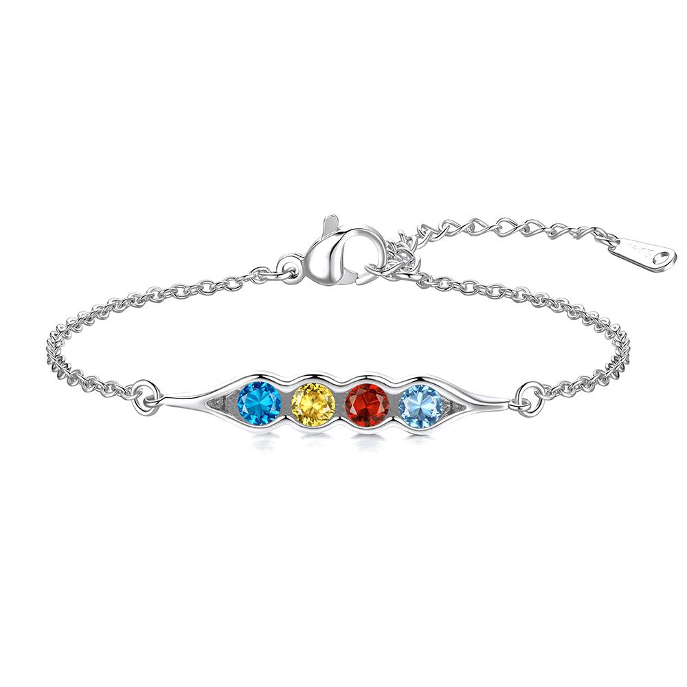 Silver pea in pot 4 birthstones bracelet with colorful gemstones on a white background