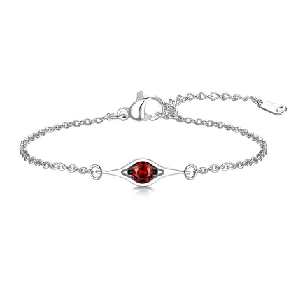 Silver pea in pot birthstone bracelet with a red gemstone on a white background