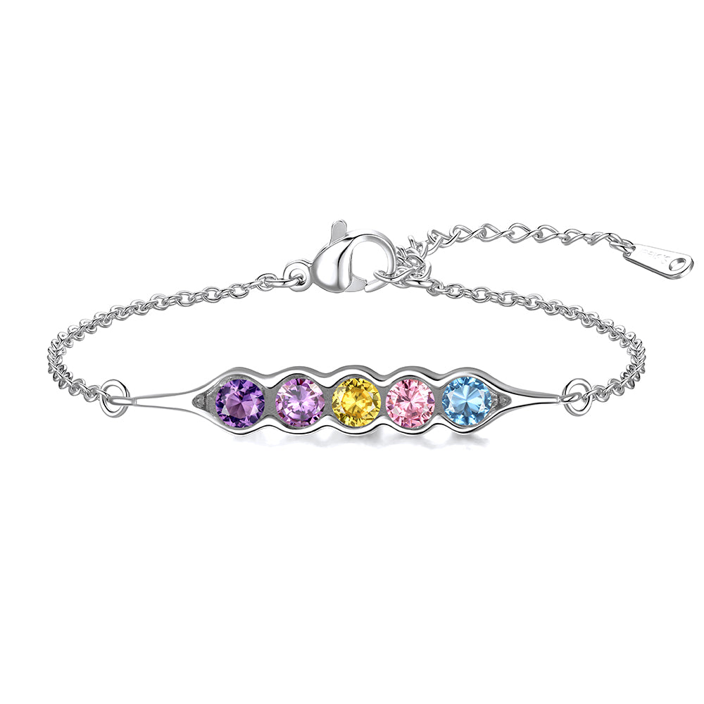 Silver pea in pot birthstone sbracelet with four colored gemstones on a white background