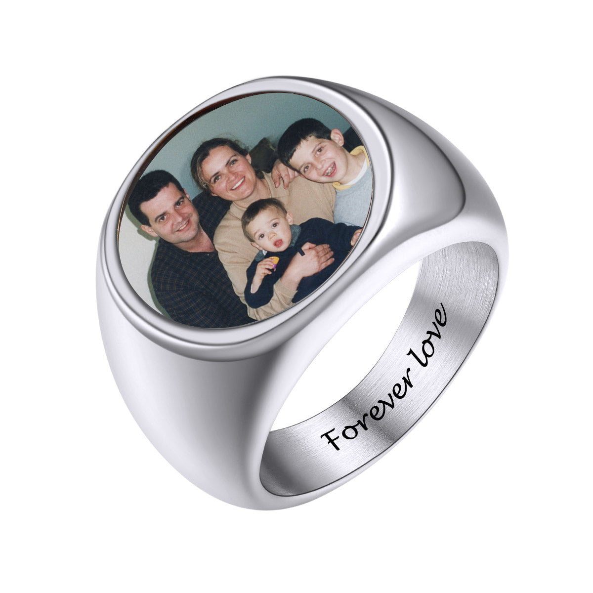 Silver picture ring with a family photo and 'Forever Love' engraving on a white background