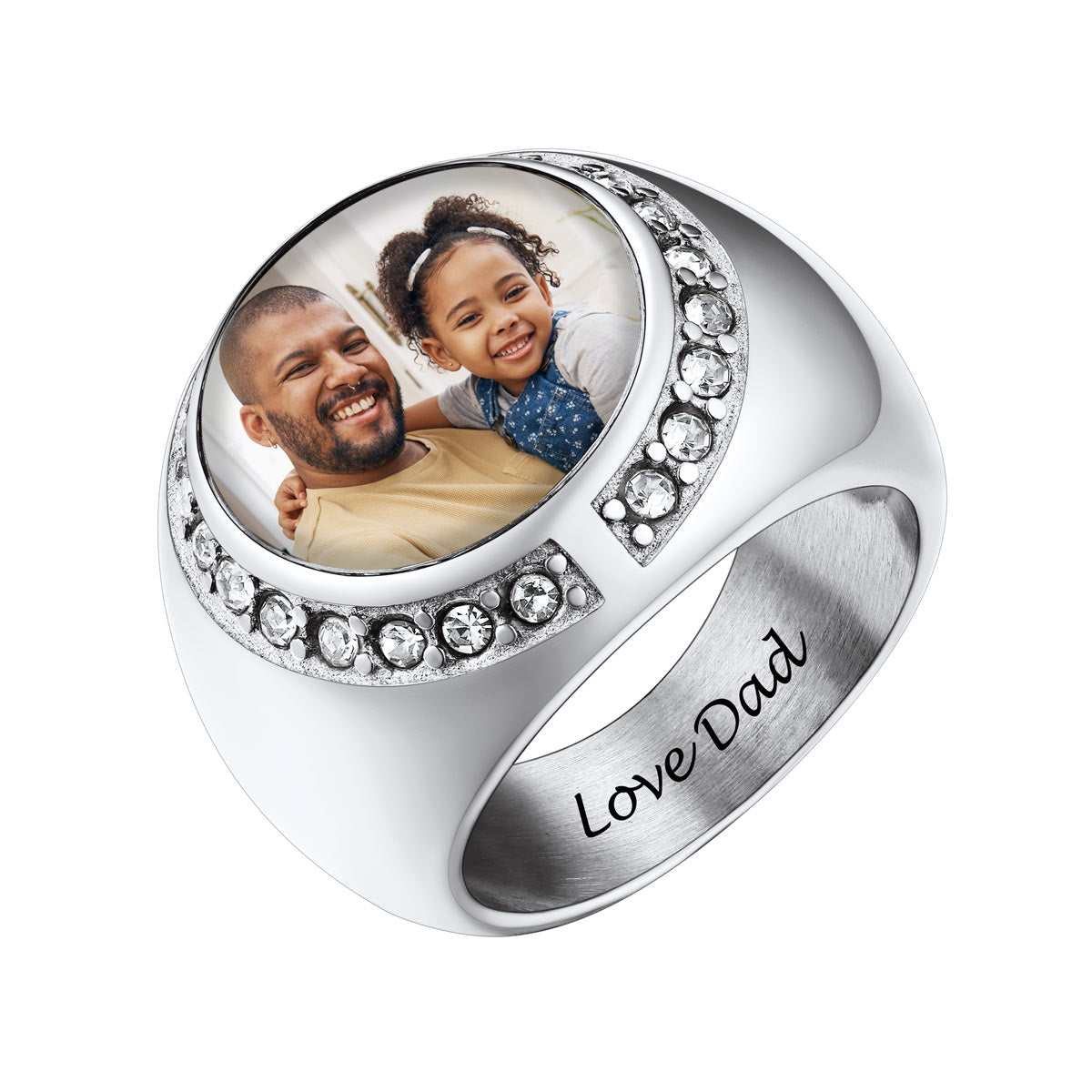 Silver picture signet ring with a heart-shaped photo insert of a man and a child, and 'Love Dad' engraving.