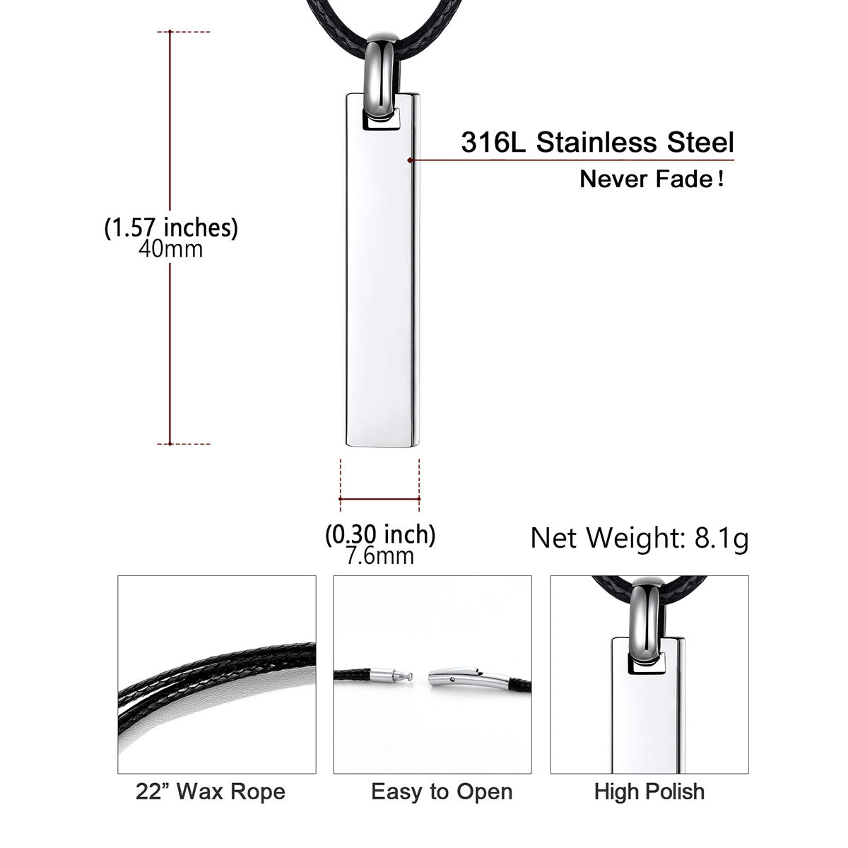 Silver rectangular stainless steel bar pendant necklace on a black wax rope chain, shown with measurement annotations, weight info, and close-up feature insets on a white background.