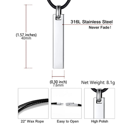 Silver rectangular stainless steel bar pendant necklace on a black wax rope chain, shown with measurement annotations, weight info, and close-up feature insets on a white background.