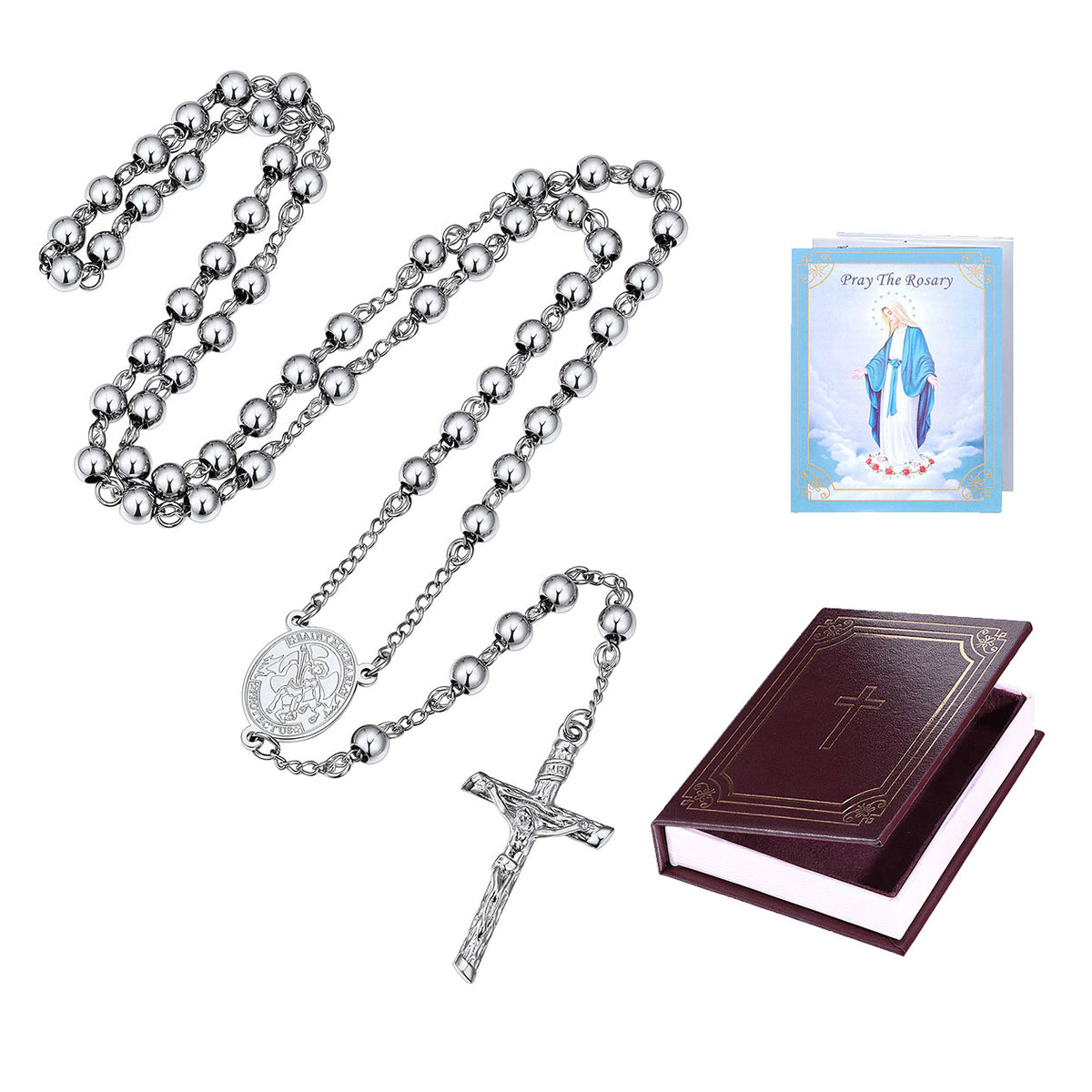 Silver rosary with a crucifix and medallion shown with a small prayer card and a dark burgundy rosary box on a white background.