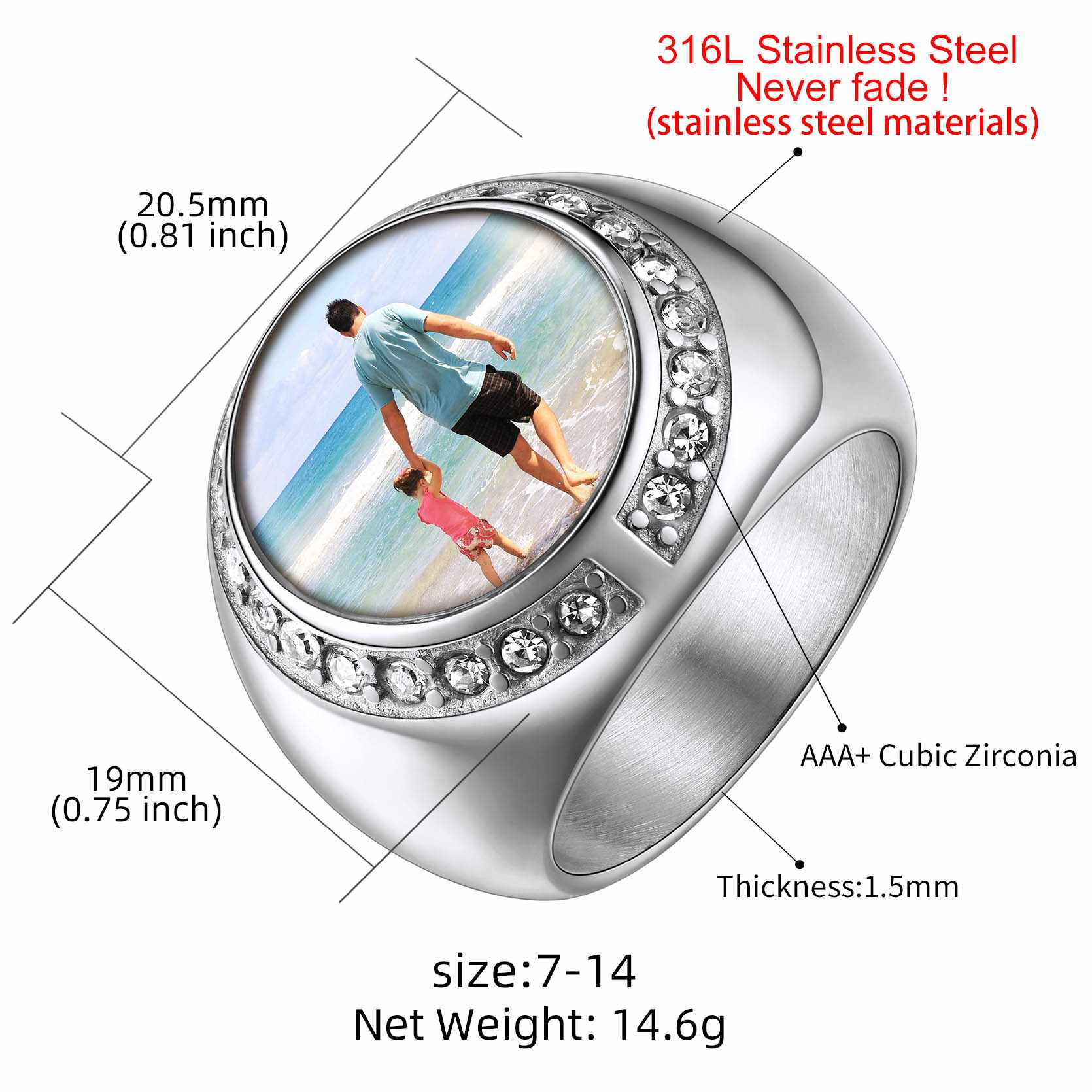 Silver signet ring with a photo of a couple on a beach, featuring measurements and material details.