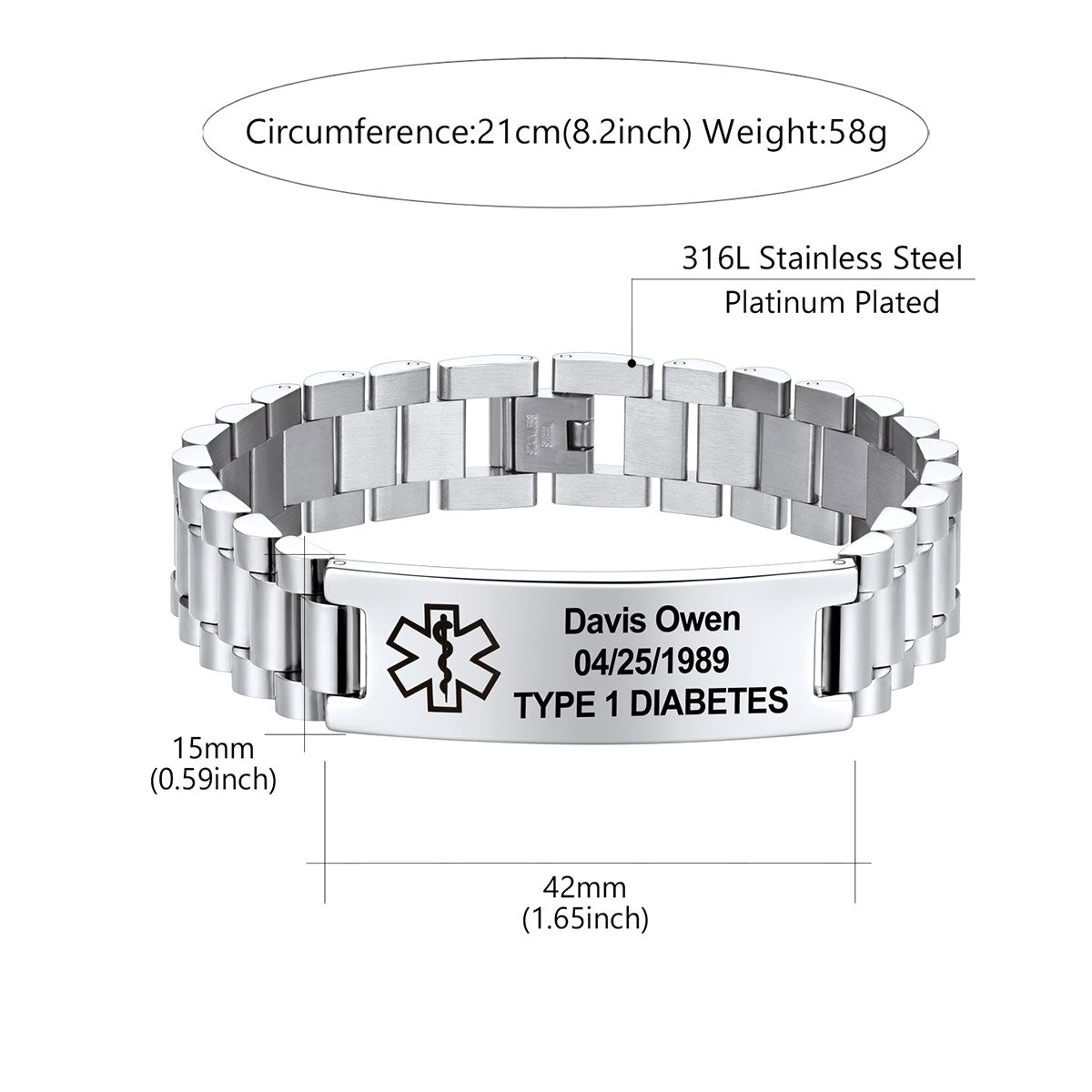 Silver stainless steel link medical alert bracelet with a rectangular engraved ID plate, shown with measurement labels and text noting 316L stainless steel, platinum plating, 21 cm circumference, 58 g weight, and personalized text for Type 1 Diabetes.