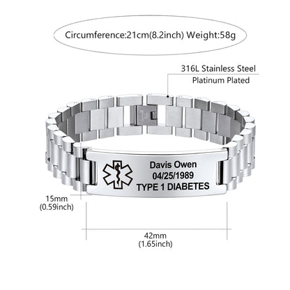 Silver stainless steel link medical alert bracelet with a rectangular engraved ID plate, shown with measurement labels and text noting 316L stainless steel, platinum plating, 21 cm circumference, 58 g weight, and personalized text for Type 1 Diabetes.