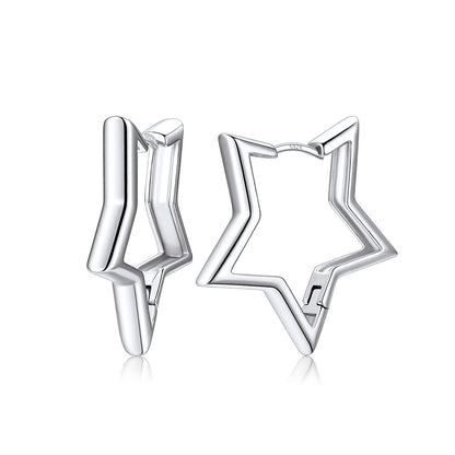 Silver star-shaped hoop earrings with a polished finish and a silver-tone post, shown on a clean white background with a soft reflection.