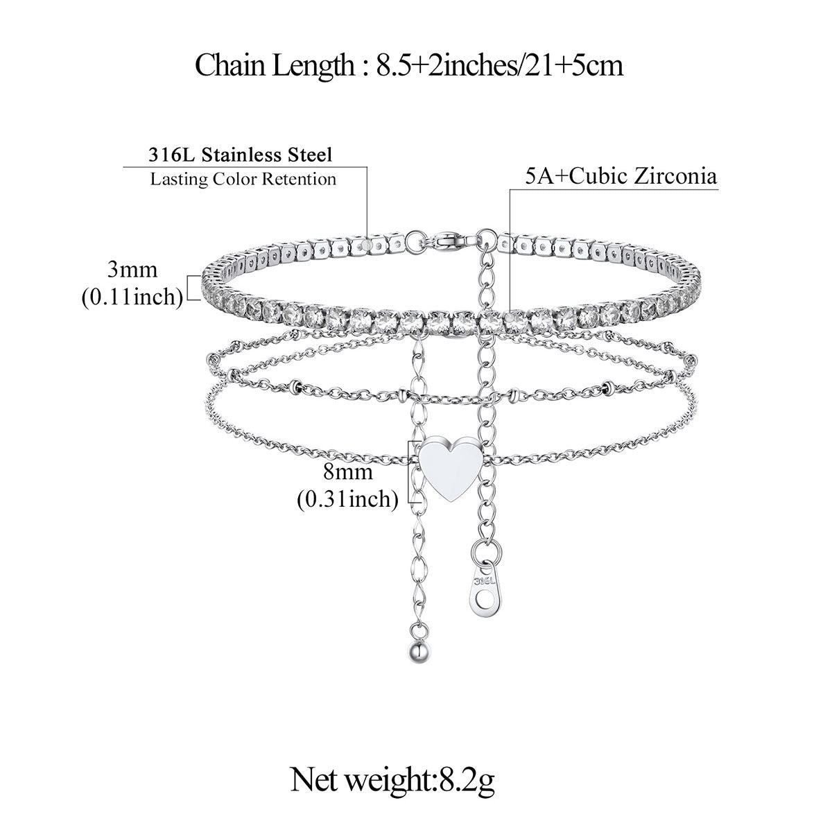 Silver tennis anklet bracelet with heart charm and measurement details on a white background
