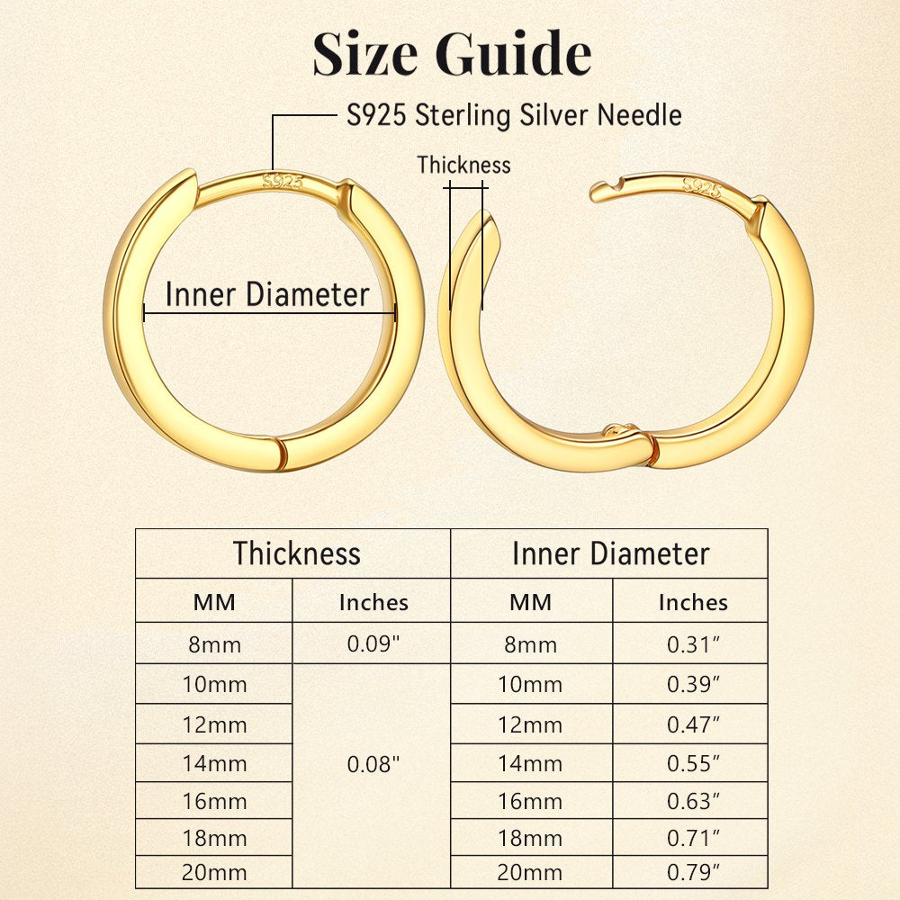 Size guide for gold hoop earrings with measurements in millimeters and inches.